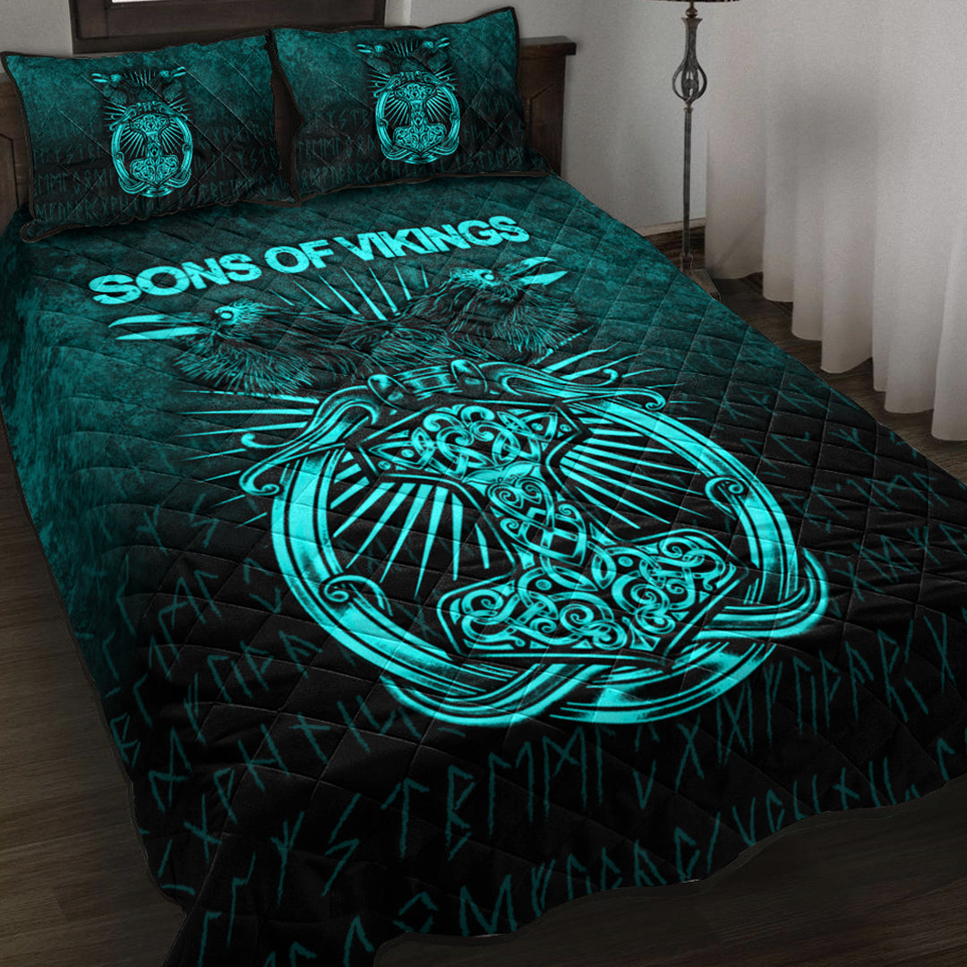 Viking Quilt Bed Set - Vikings Ravens Mjolnir - Cyan Version Quilt Bed Set RLT12 - Wonder Print Shop
