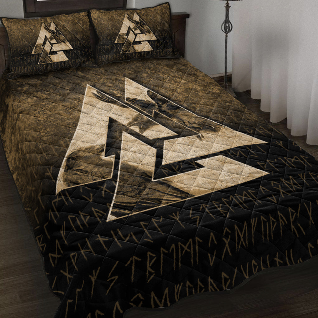 Viking Quilt Bed Set - Huginn Muninn Ravens from Odin Viking - Gold Version Quilt Bed Set RLT12 - Wonder Print Shop