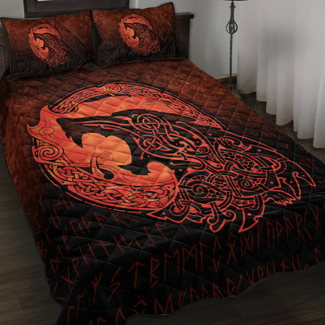 Viking Quilt Bed Set - Fenrir Viking 3D Tattoo - Orange Version Quilt Bed Set RLT12 - Wonder Print Shop