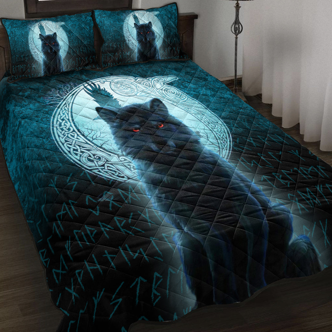 Viking Quilt Bed Set - Fenrir Viking Wolf - Cyan Version Quilt Bed Set RLT12 - Wonder Print Shop