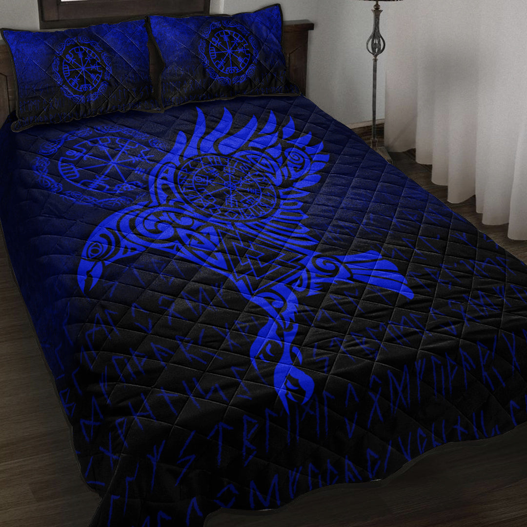 Viking Quilt Bed Set - Raven Vegvisir Tattoo - Blue Version Quilt Bed Set RLT12 - Wonder Print Shop