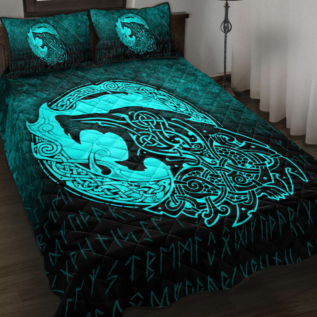 Viking Quilt Bed Set - Fenrir Viking 3D Tattoo - Cyan Version Quilt Bed Set RLT12 - Wonder Print Shop