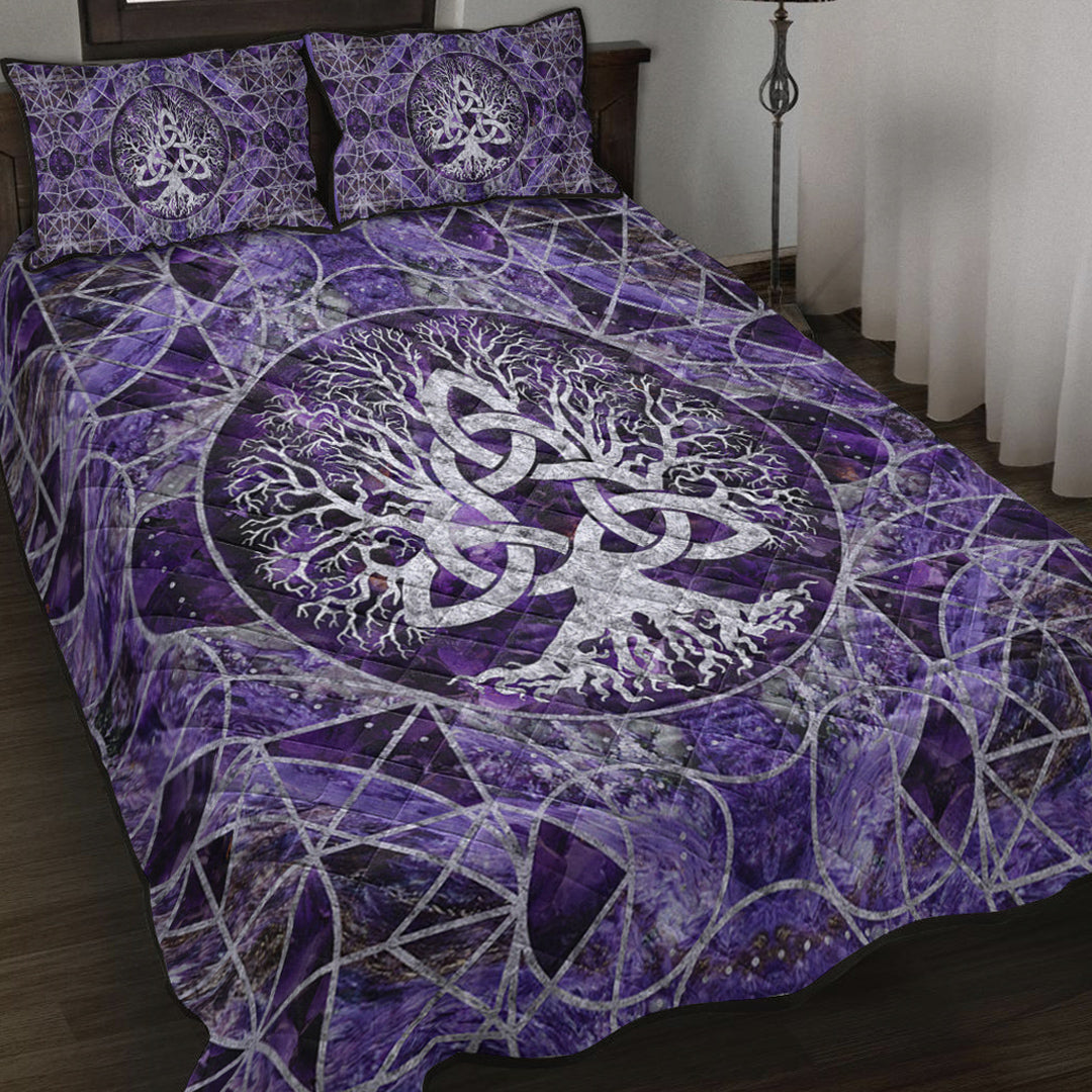 Viking Quilt Bed Set - Tree Of Life with Triquetra Amethyst and Silver Quilt Bed Set RLT12 - Wonder Print Shop