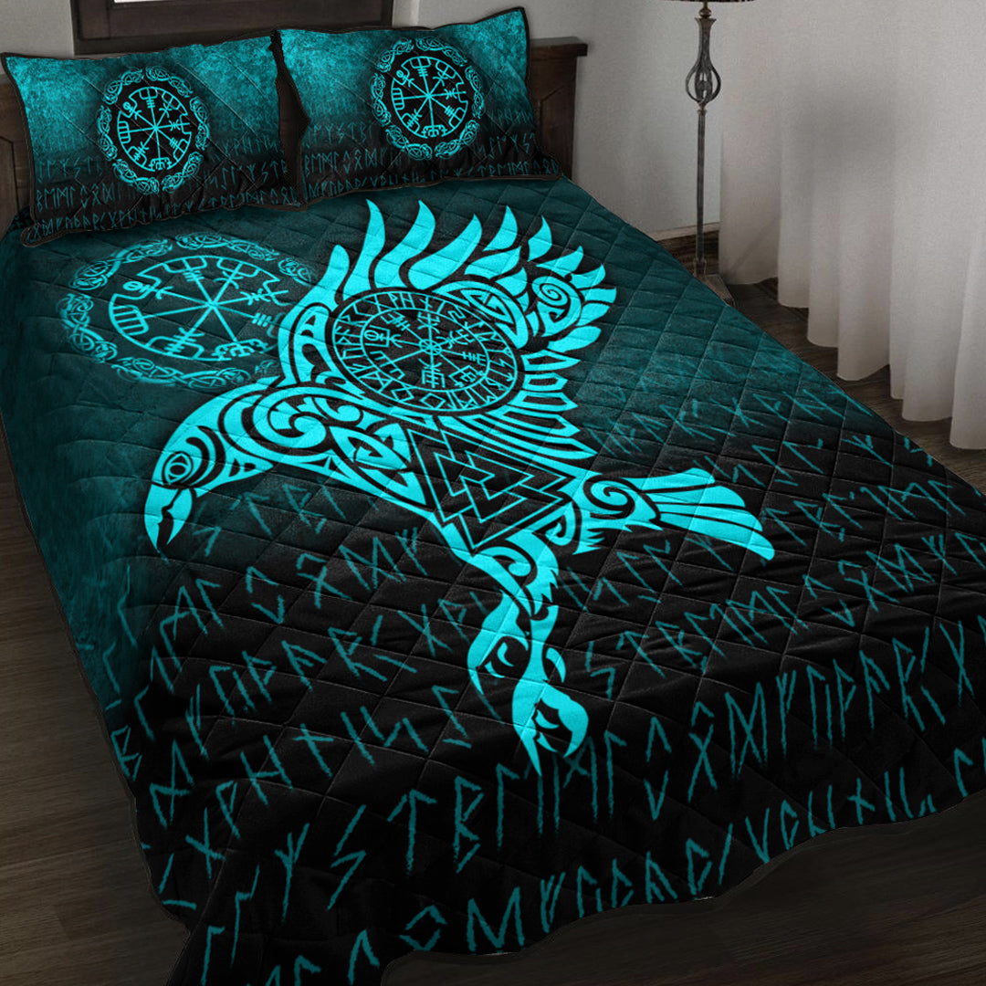 Viking Quilt Bed Set - Raven Vegvisir Tattoo - Cyan Version Quilt Bed Set RLT12 - Wonder Print Shop