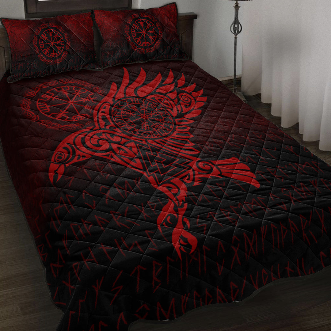 Viking Quilt Bed Set - Raven Vegvisir Tattoo - Red Version Quilt Bed Set RLT12 - Wonder Print Shop