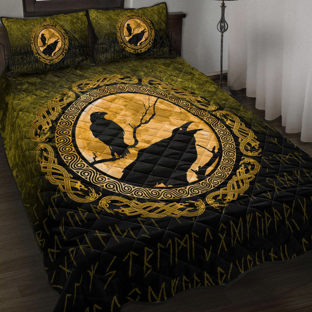 Viking Quilt Bed Set - Vikings Huginn Muninn Odin Ravens - Gold Version Quilt Bed Set RLT12 - Wonder Print Shop