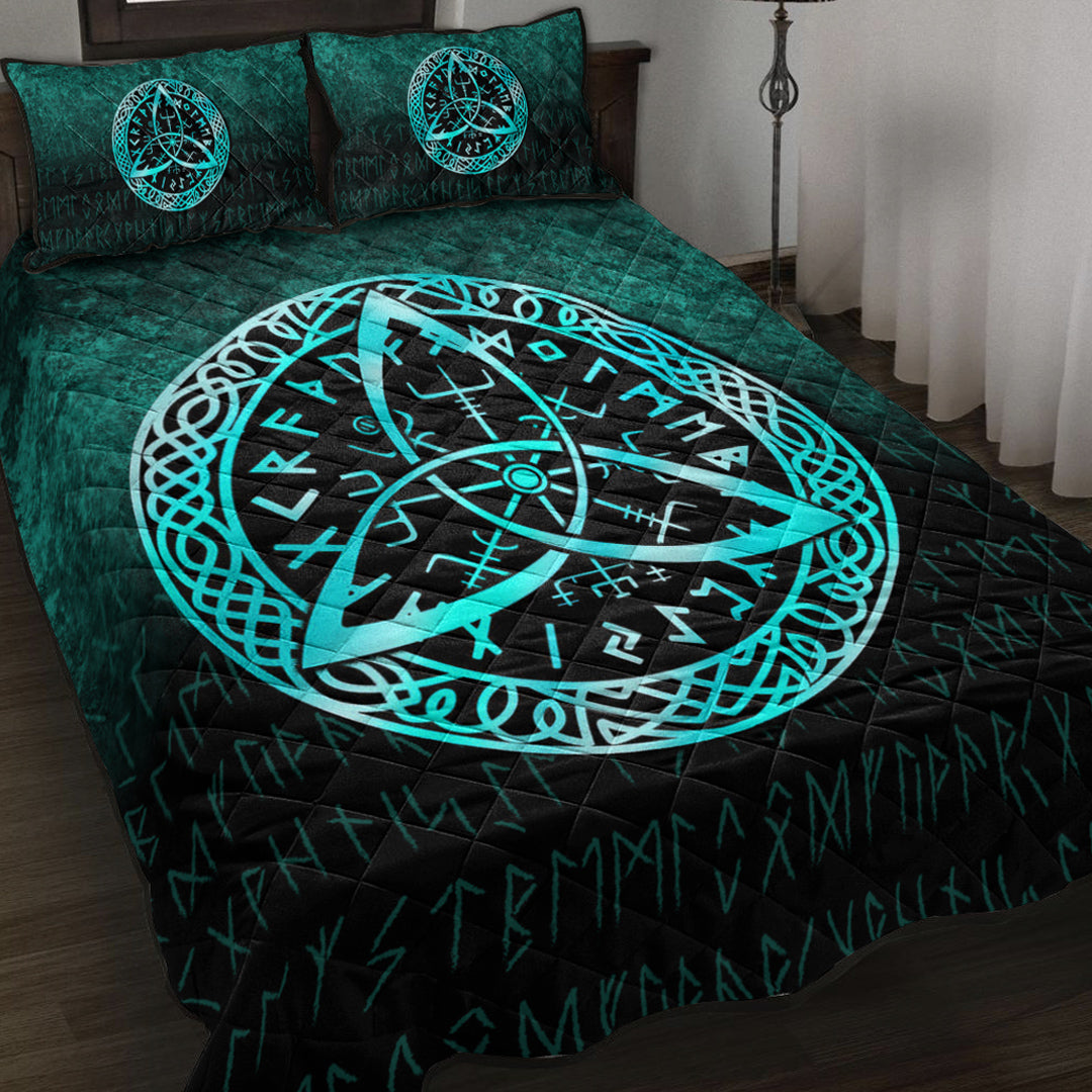 Viking Quilt Bed Set - Vegvisir Nordic Viking Rune - Cyan Version Quilt Bed Set RLT12 - Wonder Print Shop