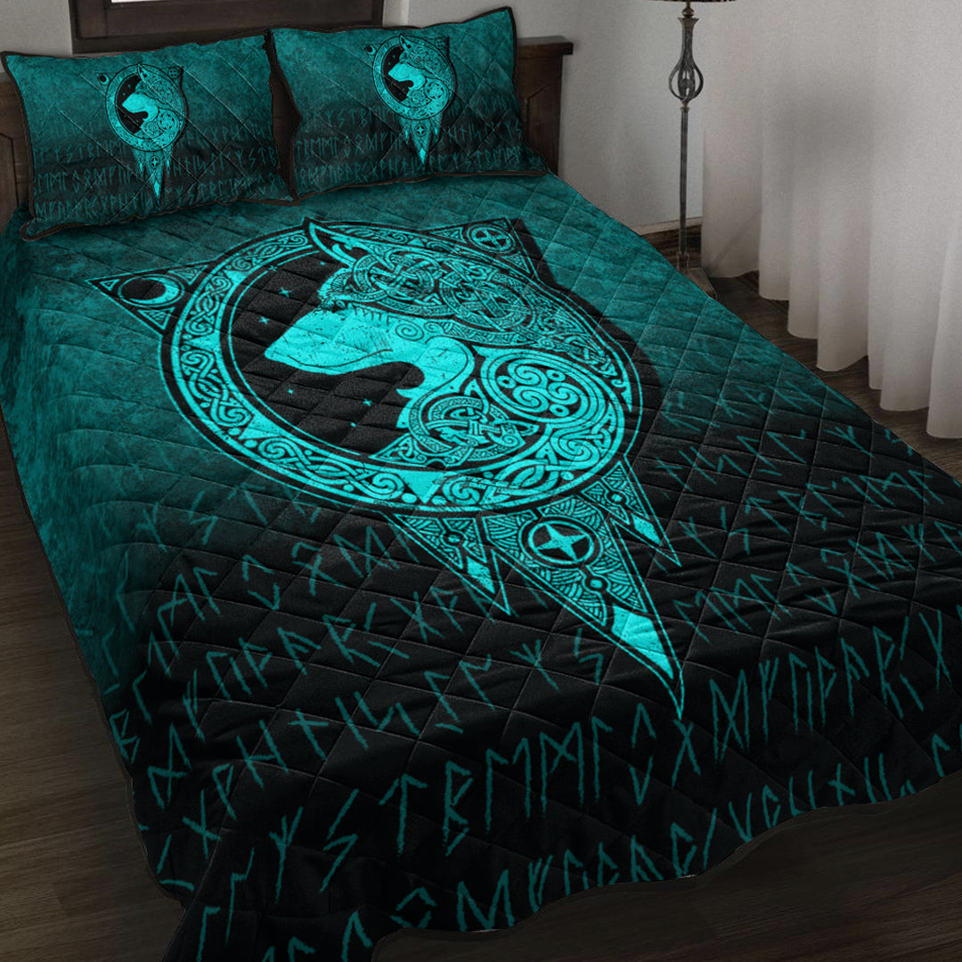 Viking Quilt Bed Set - Viking Norse Wolf - Cyan Version Quilt Bed Set RLT12 - Wonder Print Shop