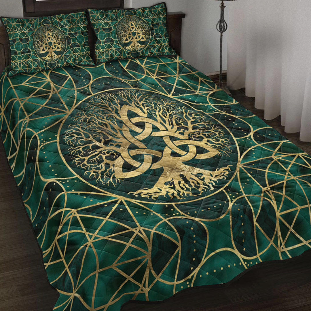 Viking Quilt Bed Set - Tree Of Life with Triquetra Malachite and Gold Quilt Bed Set RLT12 - Wonder Print Shop