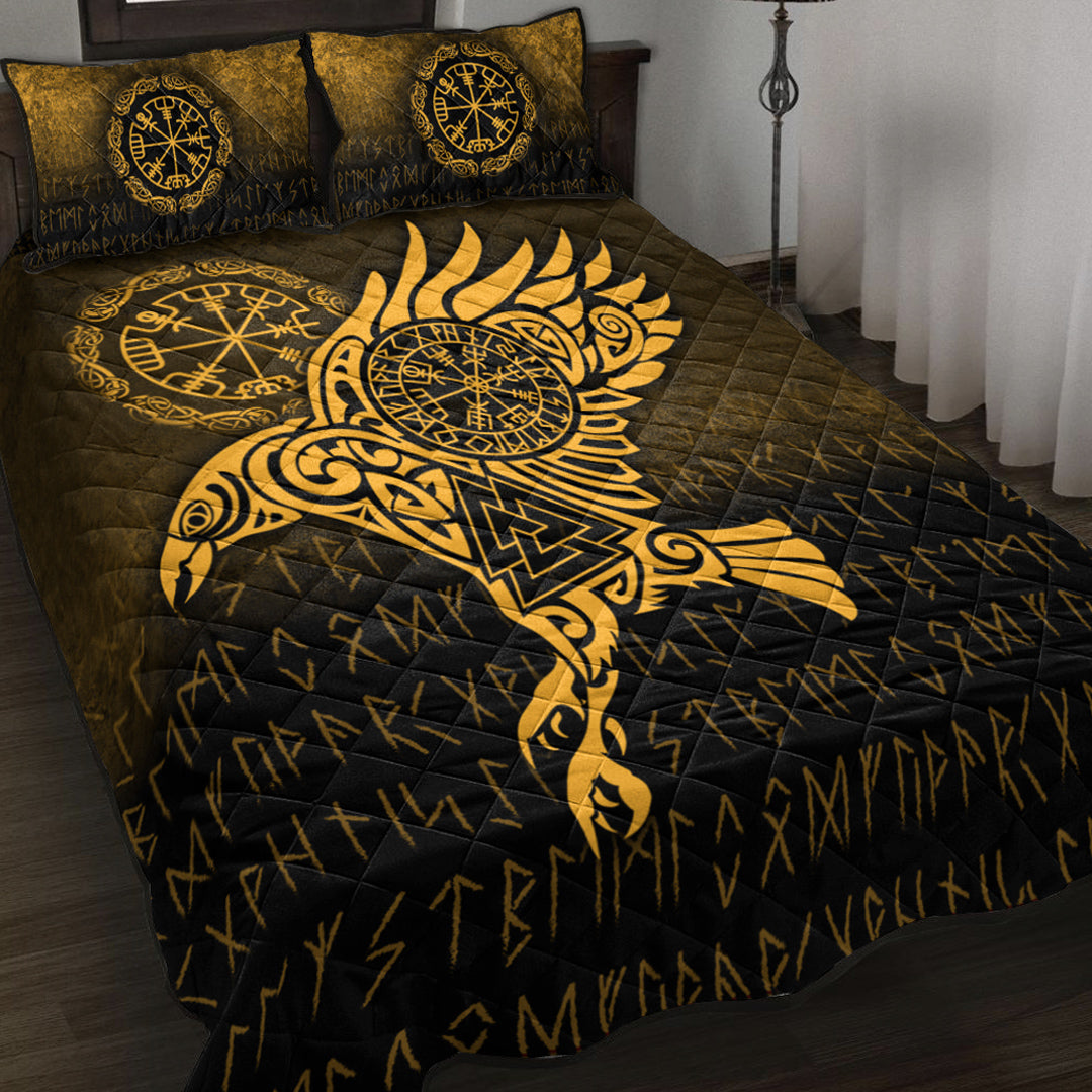 Viking Quilt Bed Set - Raven Vegvisir Tattoo - Gold Version Quilt Bed Set RLT12 - Wonder Print Shop