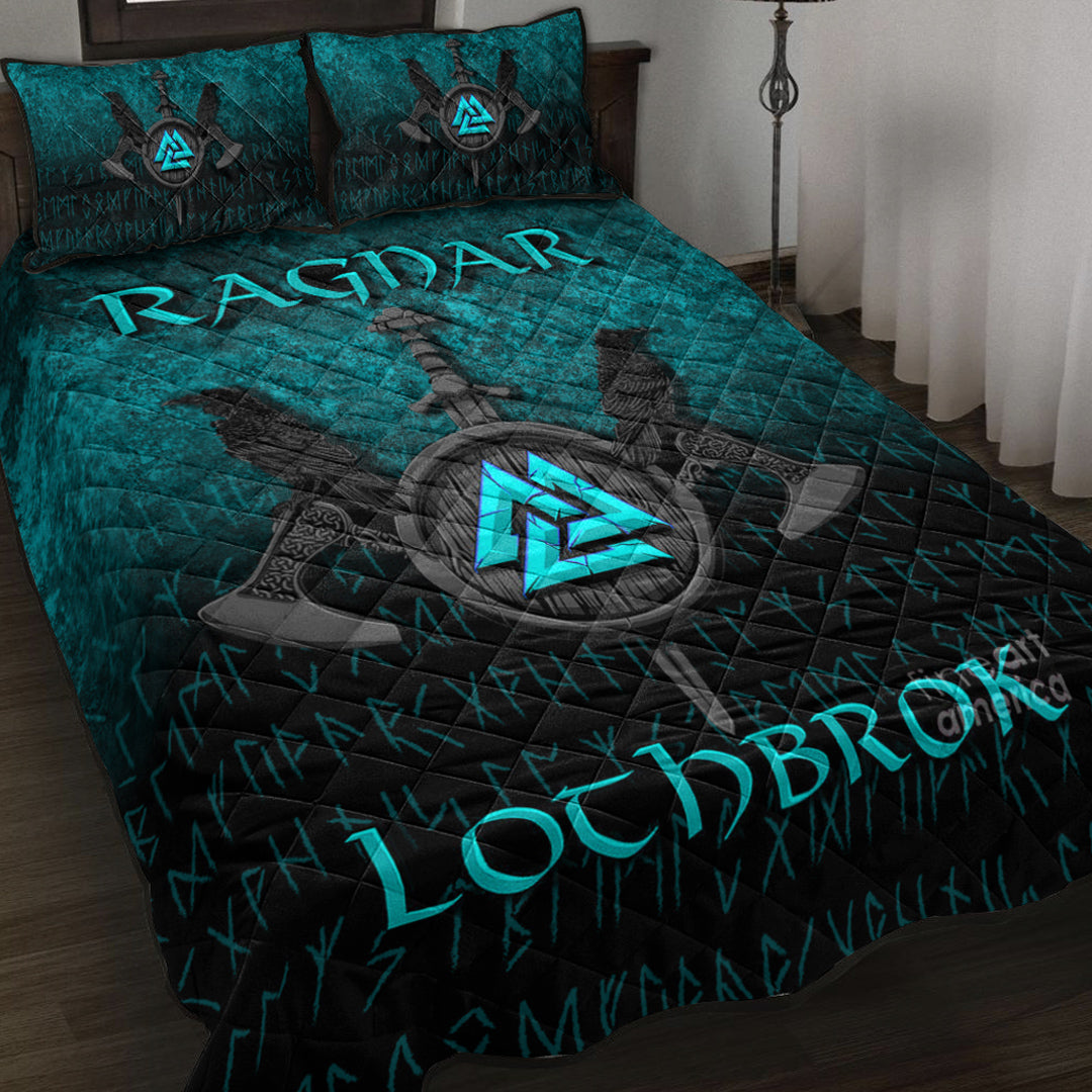 Viking Quilt Bed Set - Ragnar Lothbrok - Ragnar Lodbrok - Viking Warrior - Cyan Version Quilt Bed Set RLT12 - Wonder Print Shop