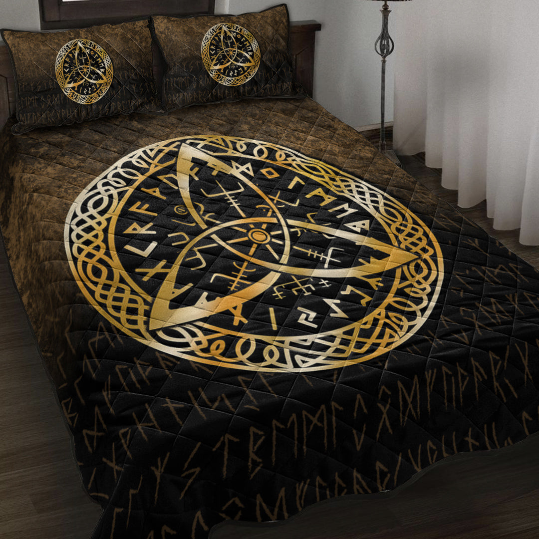 Viking Quilt Bed Set - Vegvisir Nordic Viking Rune - Gold Version Quilt Bed Set RLT12 - Wonder Print Shop