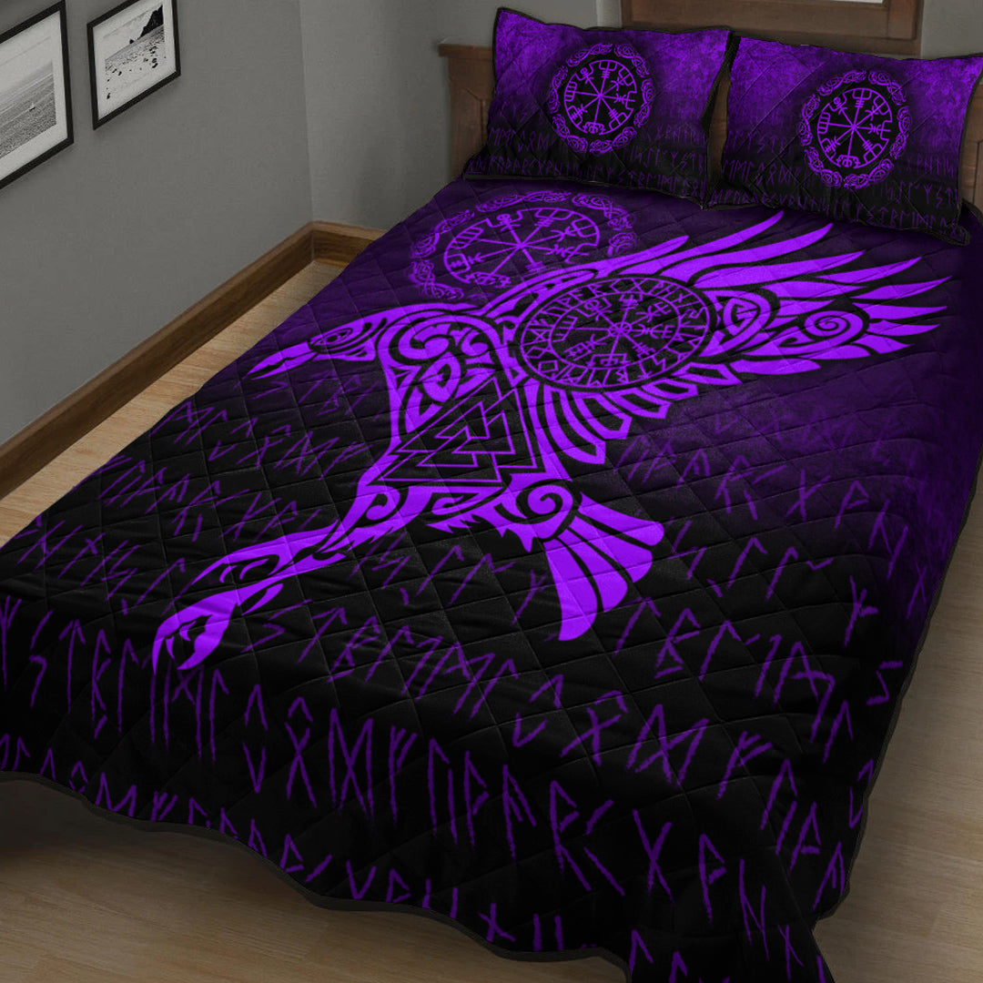 Viking Quilt Bed Set - Raven Vegvisir Tattoo - Purple Version Quilt Bed Set RLT12 - Wonder Print Shop