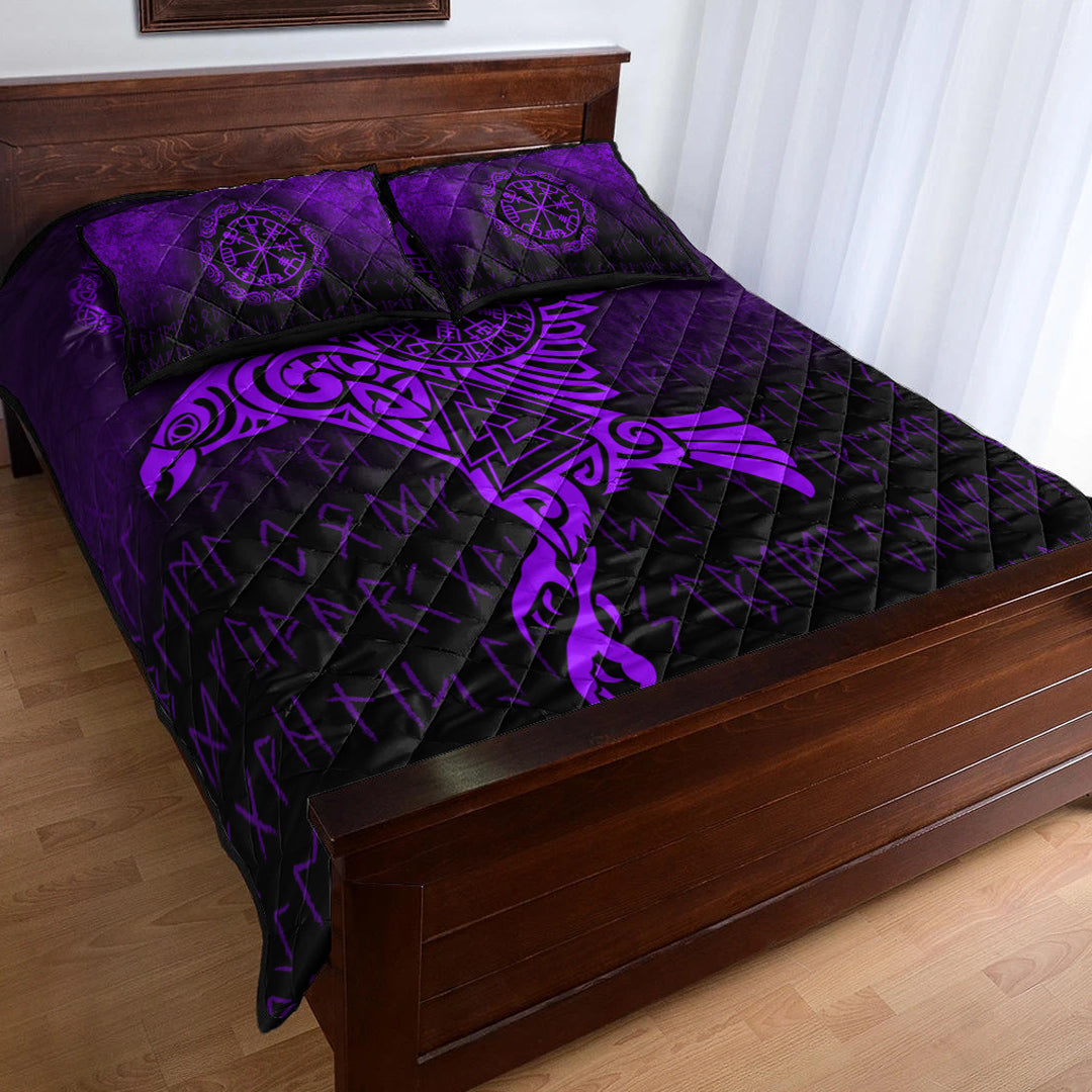 Viking Quilt Bed Set - Raven Vegvisir Tattoo - Purple Version Quilt Bed Set RLT12 - Wonder Print Shop