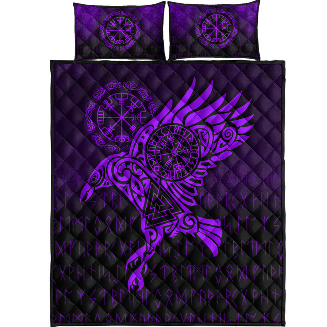 Viking Quilt Bed Set - Raven Vegvisir Tattoo - Purple Version Quilt Bed Set RLT12 - Wonder Print Shop