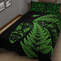 Black quilt bed set with neon-green fern cluster and swirled tribal motifs, pillow included
