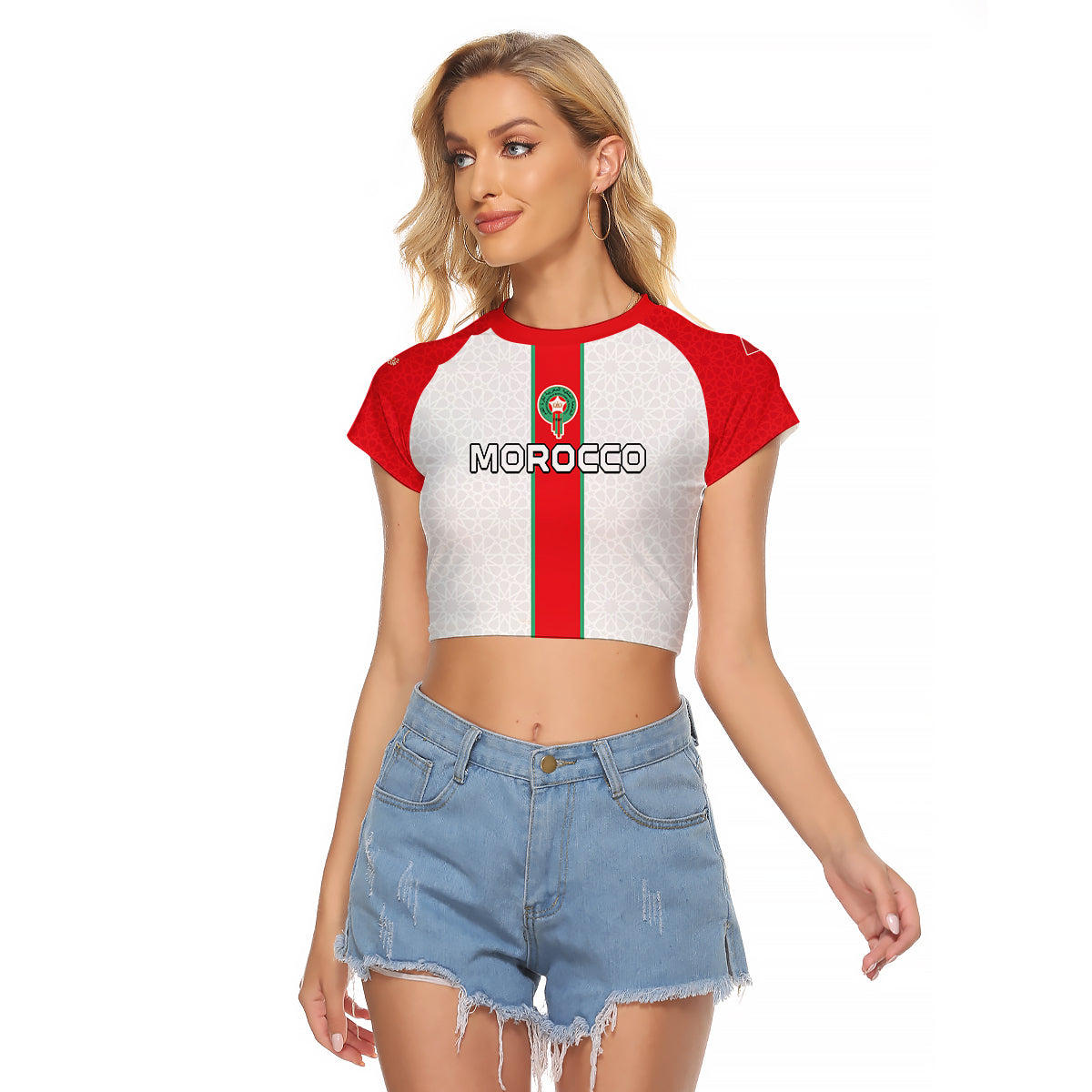 (Custom Text and Number) Morocco Football Raglan Cropped T Shirt World Cup 2022 Soccer Lions de l'Atlas Champions LT13 - Wonder Print Shop