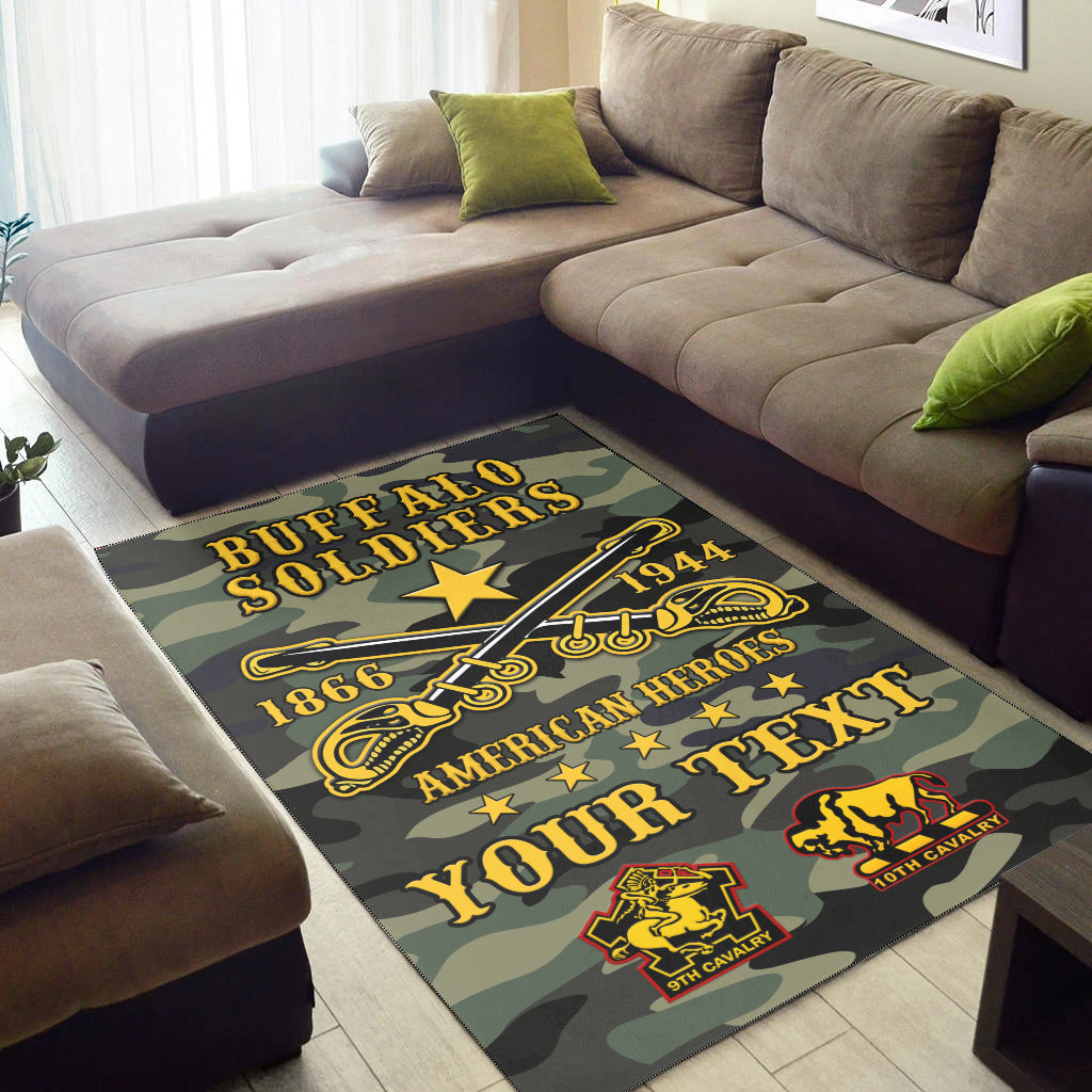 Camouflage area rug with 'Buffalo Soldiers' 1866–1944 print and cavalry emblems