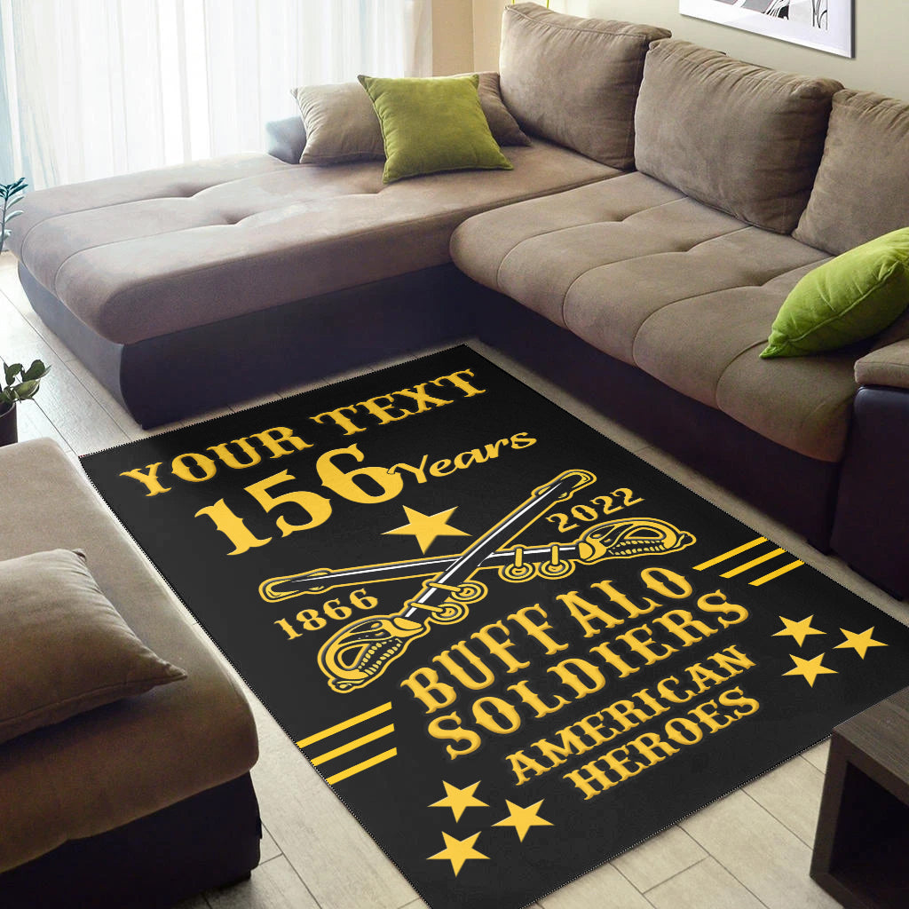 Black rug with gold 'YOUR TEXT' and 'BUFFALO SOLDIERS' lettering plus stars
