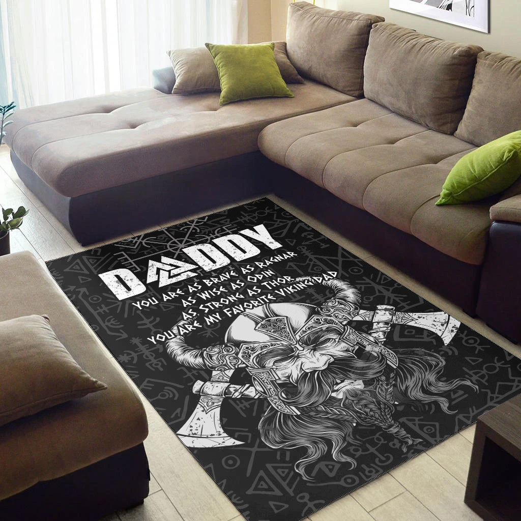 Black and white Viking Dad rug with bearded Odin figure, runes, and DADDY lettering