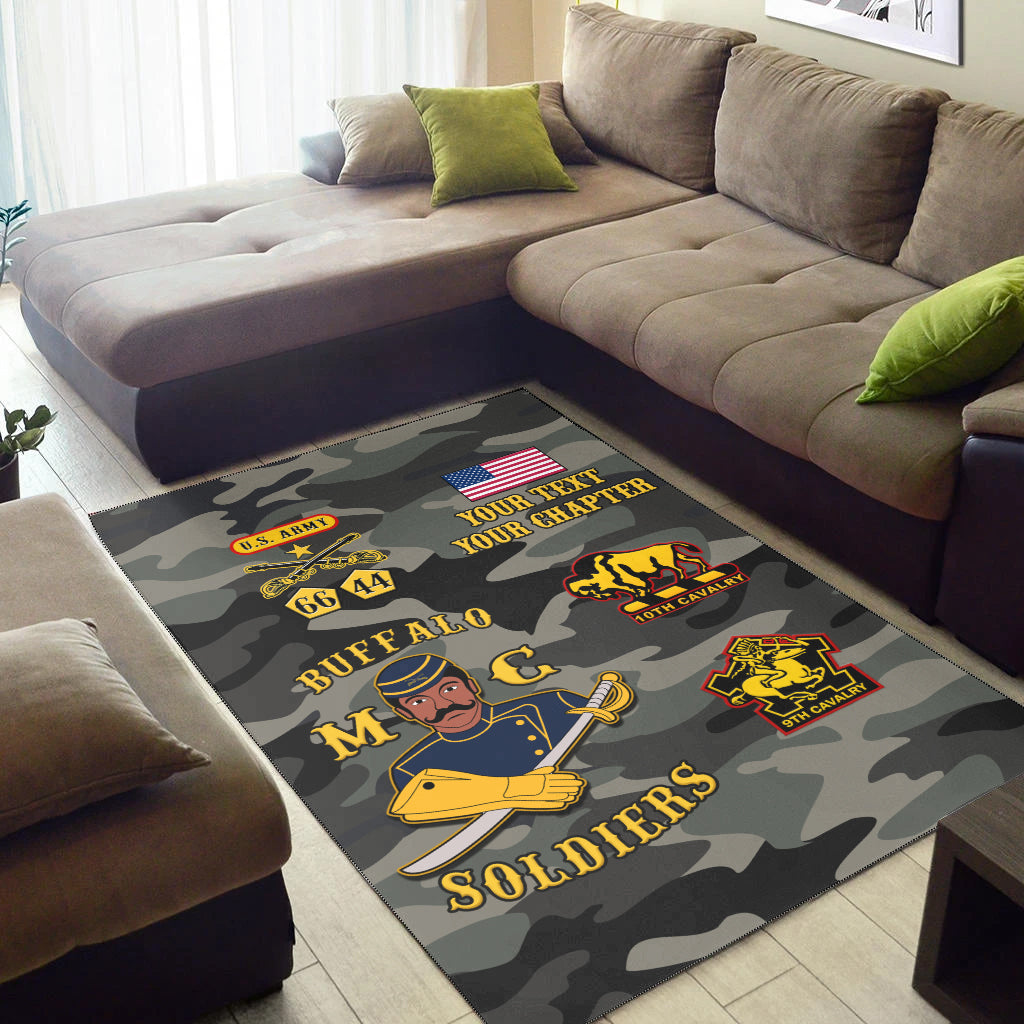 U.S. Army camouflage rug with “Your Text” and “Your Chapter” lettering