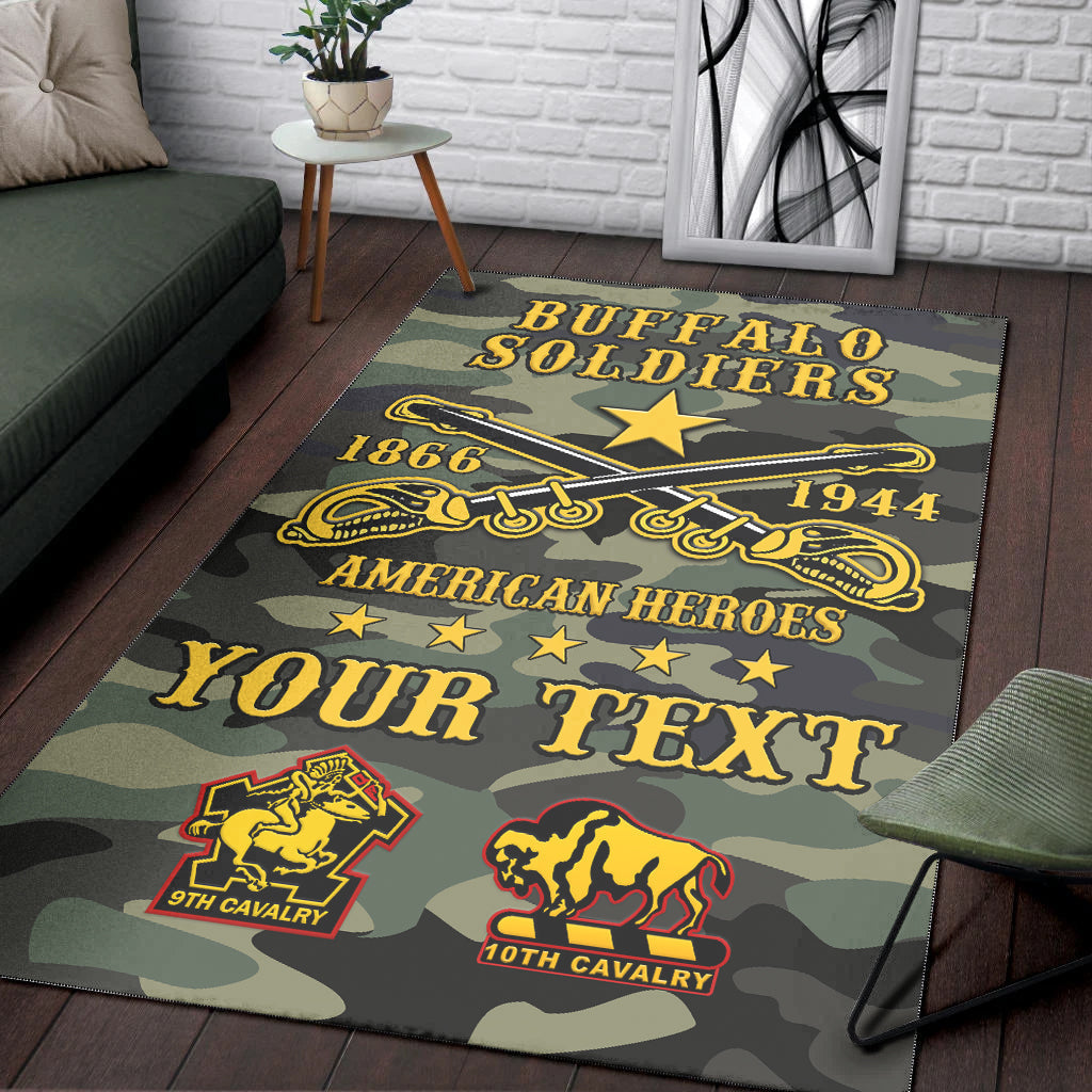 Camouflage area rug showing 'Buffalo Soldiers', 1866, 1944 and American hero star accents