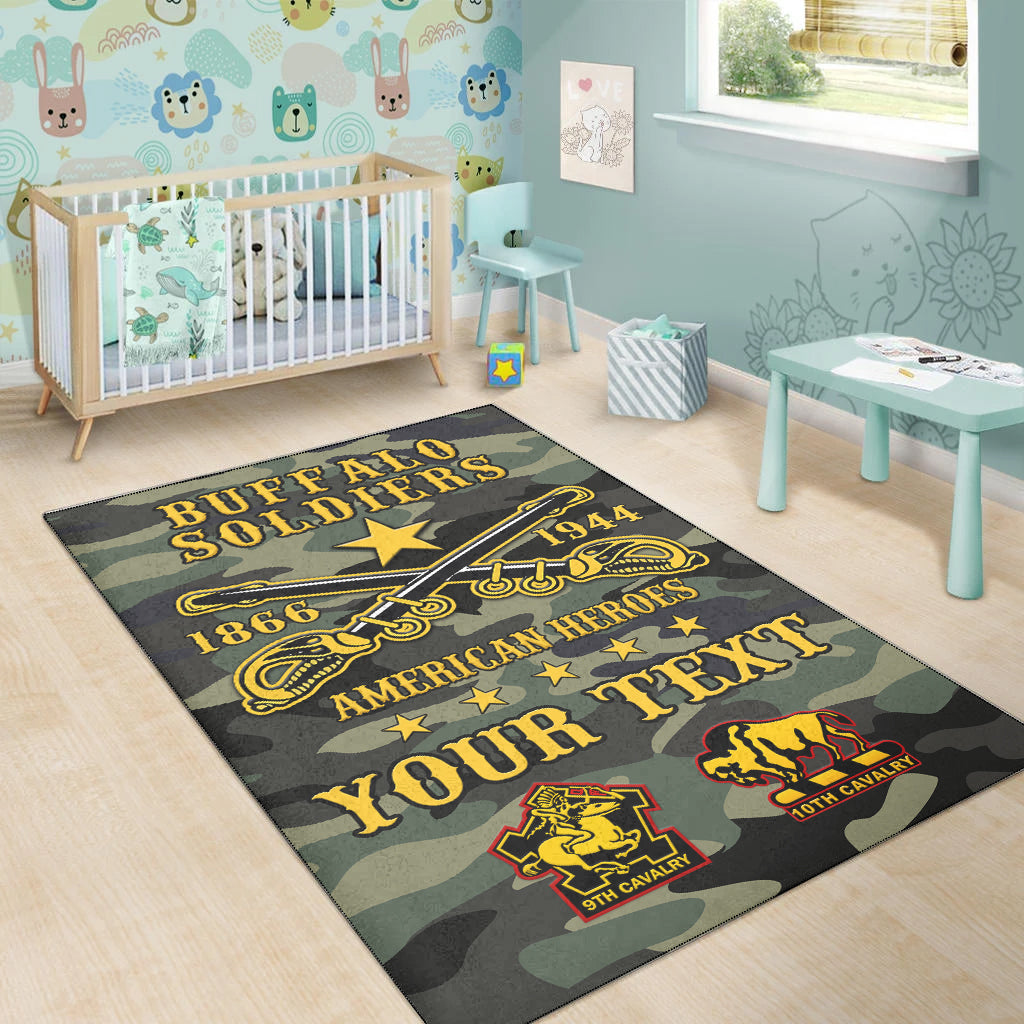 Camouflage area rug with 'Buffalo Soldiers' and 'Your Text' title in gold lettering