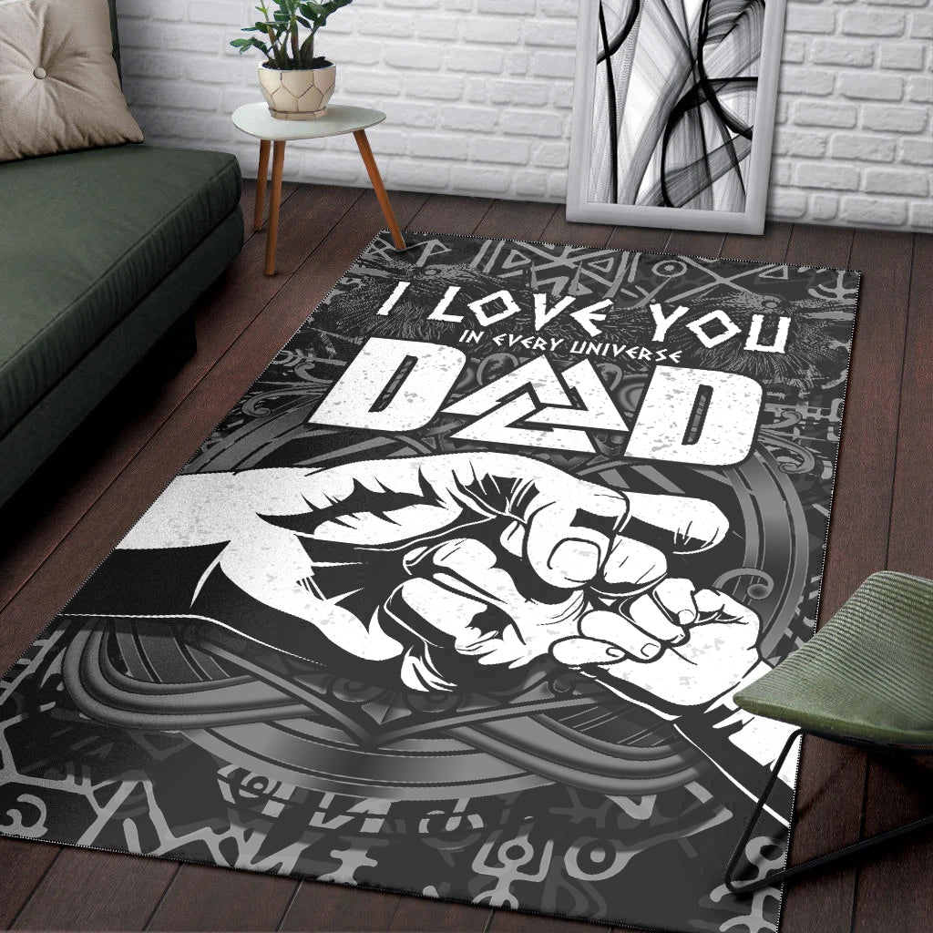 Black and white Viking rug with runes, 'LOVE YOU' lettering, and hammer graphic