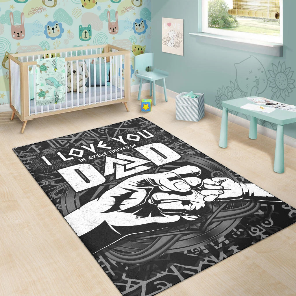 Black Viking dad rug with rune border, 'LOVE YOU' text, and white hammer motif