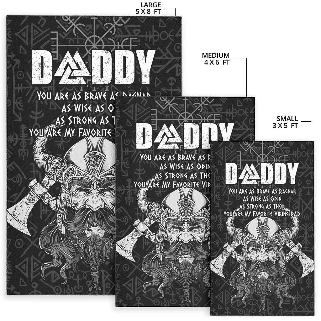 Set of black Viking Dad rugs: Large 5x8, Medium 4x6, Small 3x5 with DADDY print