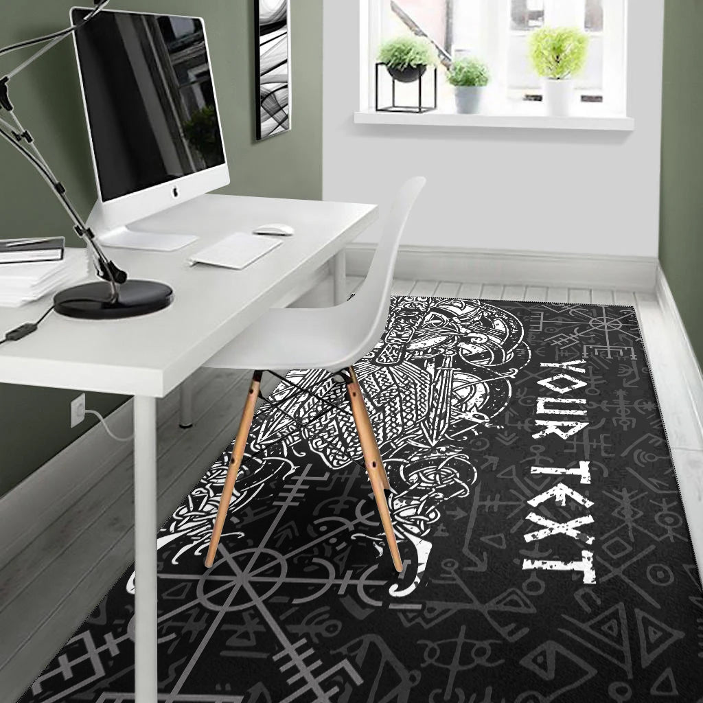 Black Viking runes rug with white Odin figure, in office corner