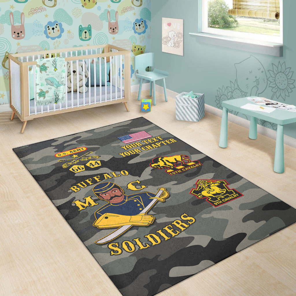 Kids room style camouflage rug featuring Buffalo Soldiers artwork and chapter text