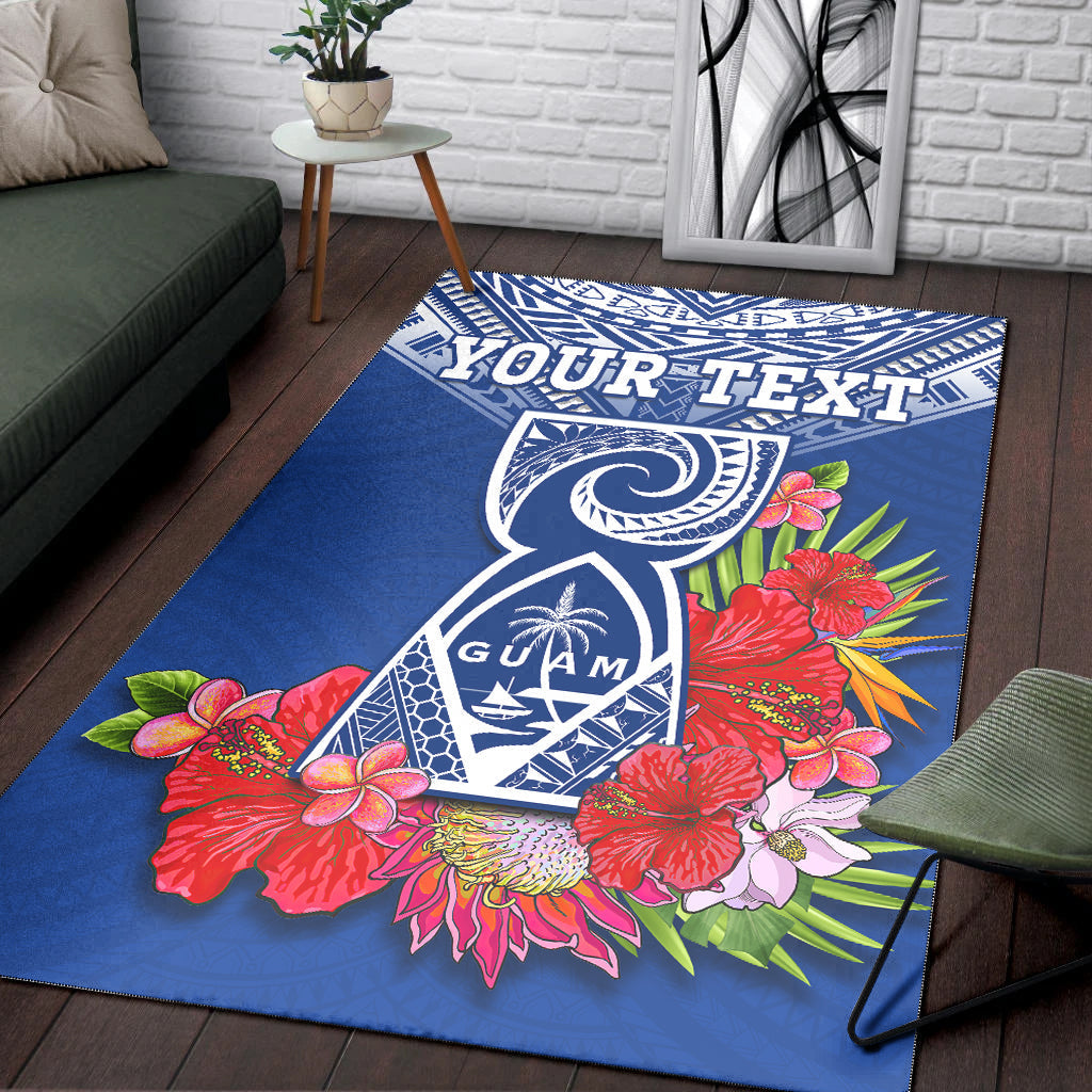 Custom Personalised Guam Chamorro Area Rug Guaman Latte Stone Tropical Flowers Blue Version - Wonder Print Shop