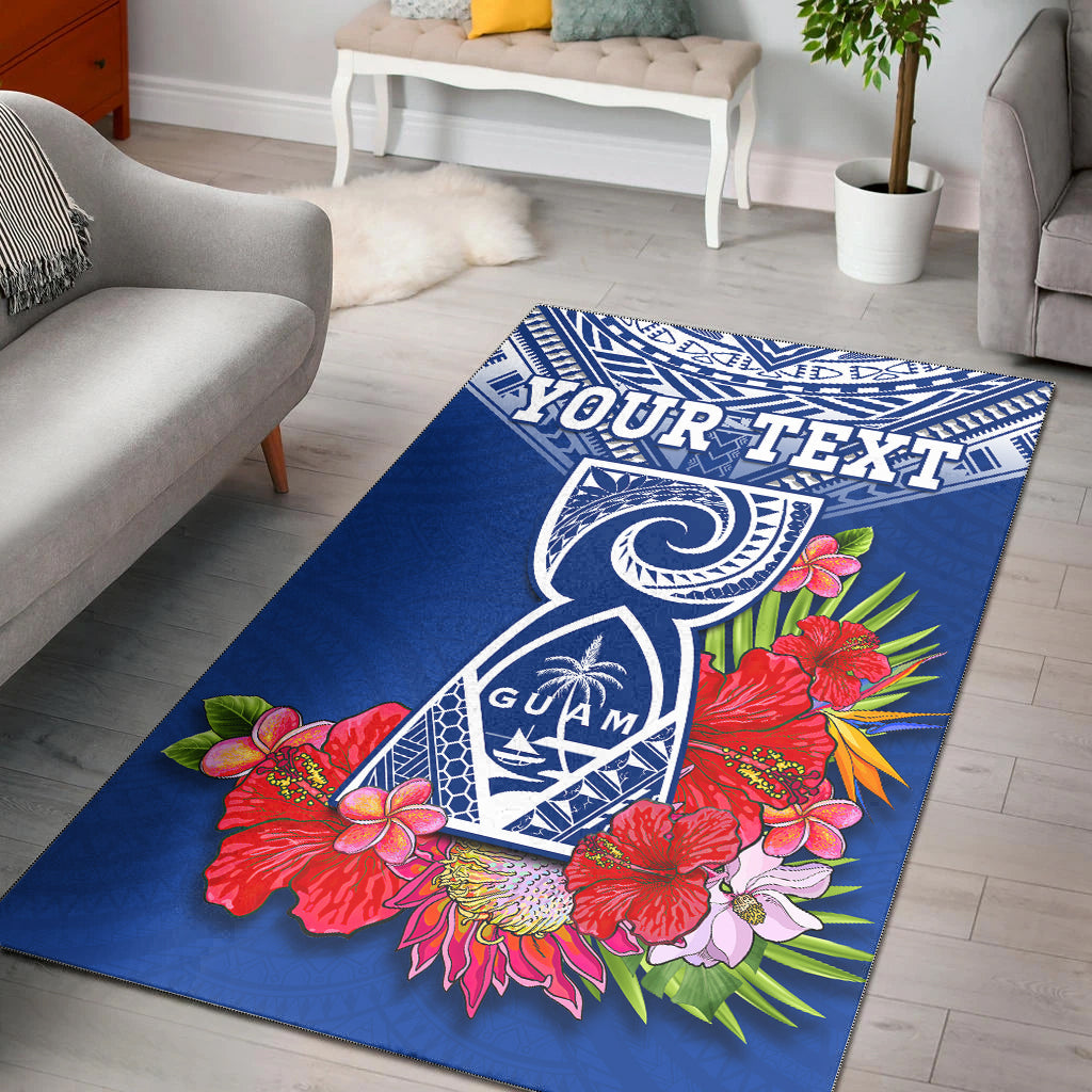 Custom Personalised Guam Chamorro Area Rug Guaman Latte Stone Tropical Flowers Blue Version - Wonder Print Shop