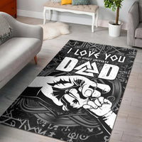 Black Viking dad area rug with rune patterns and large white hammer graphic