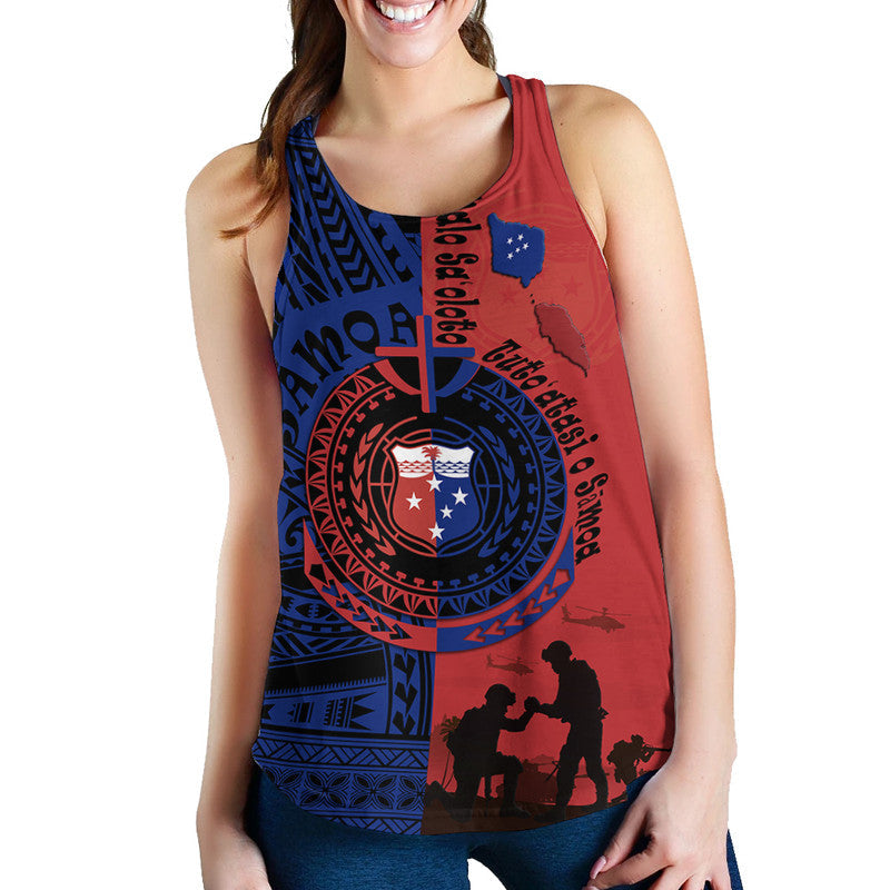Women’s racerback tank front with large circular emblem and Samoa Independence Day quote