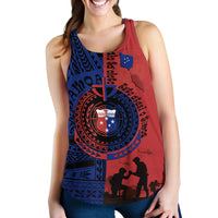 Women’s racerback tank front with large circular emblem and Samoa Independence Day quote