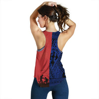 Women’s racerback tank back view, red panel with blue patterned strip and emblem print
