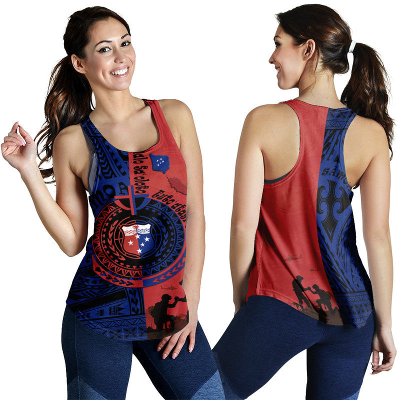 Women’s racerback tank back and side, red back with blue Polynesian swirls