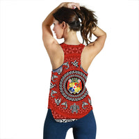 Red womens rugby tank top with racerback design and crest graphic print