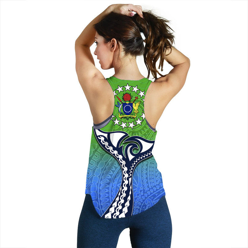 Green backless women's tank top with blue and white shark-style tribal design