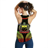 Tribal tank top with black base, colorful crest graphic, racerback style