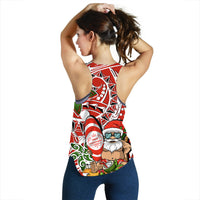 Red women’s tank top showing back with tropical Santa and gift graphic, low scoop back