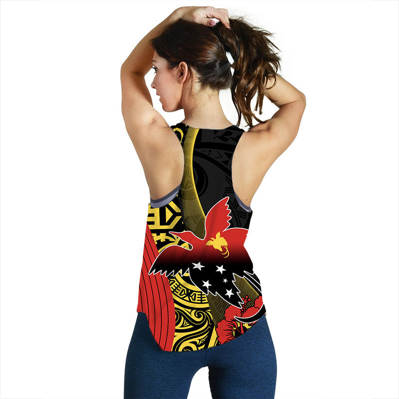 Women’s tank top back print, black racerback with Papua New Guinea graphic