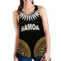 Women’s tank top, black with gold tribal print and 'SAMOA' chest graphic