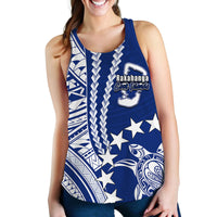 Blue women's tank top with white Polynesian geometric print and stars