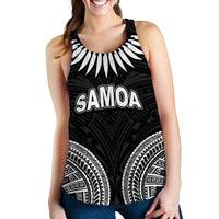 Women’s tribal print tank top, black with white geometric pattern and SAMOA text