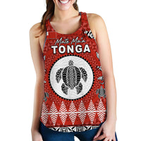 Red womens rugby tank top with large front graphic and circular emblem print