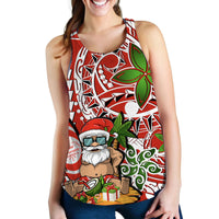 Red women’s tank top with colorful Santa and surfboard graphic, sleeveless crew neck