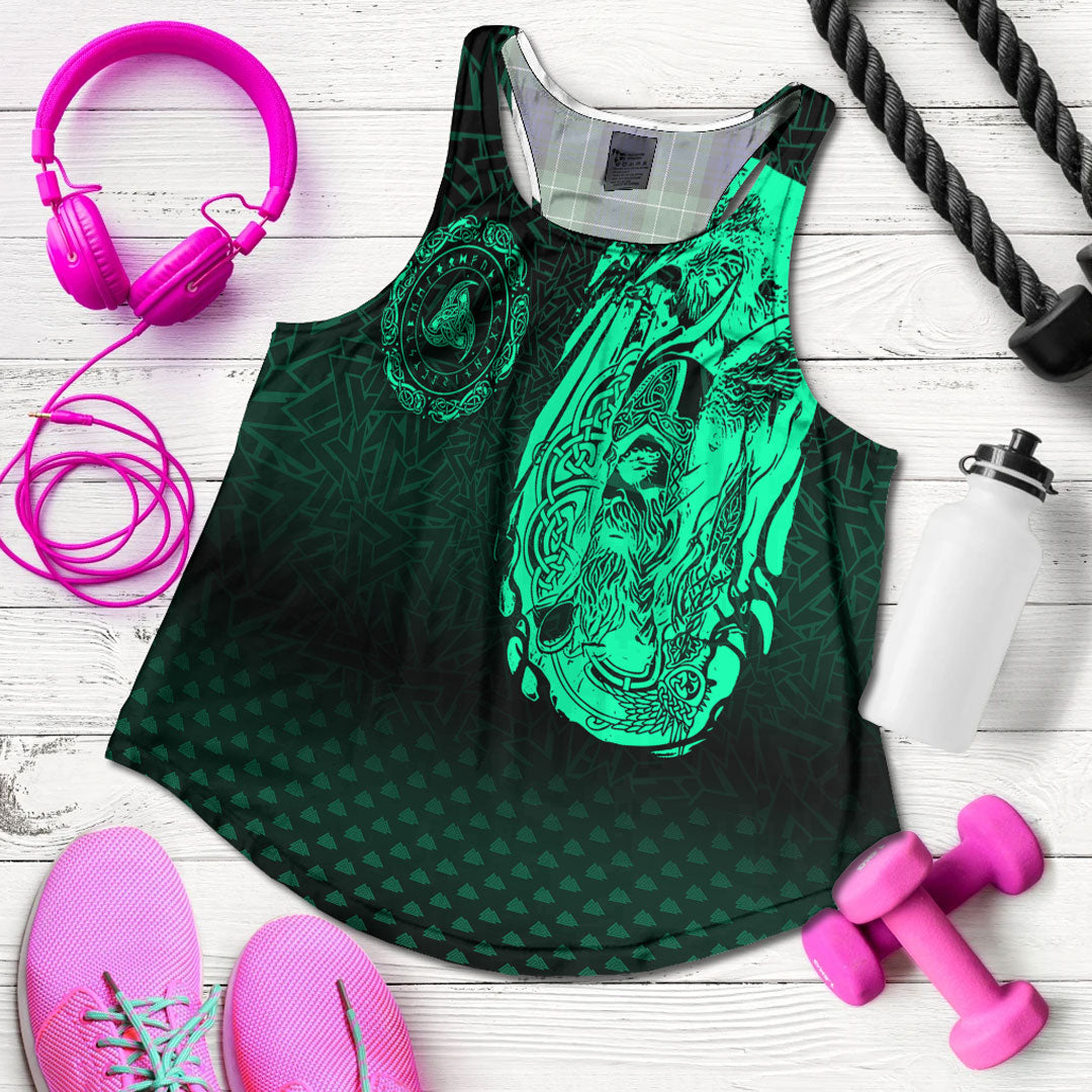 Viking Clothing Viking Odin Raven Tattoo Style Green Version Women's Racerback Tank RLT12 - Wonder Print Shop